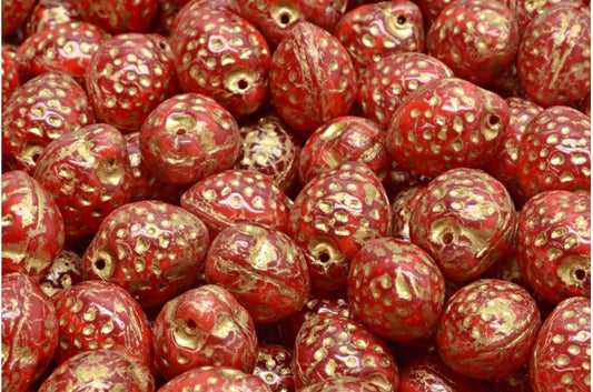 Strawberry Beads, Opal Red Gold Lined (91240-54302), Glass, Czech Republic