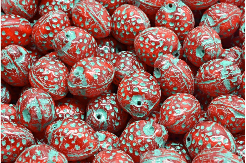 Strawberry Beads, Opal Red Teal Lined (91240-54316), Glass, Czech Republic