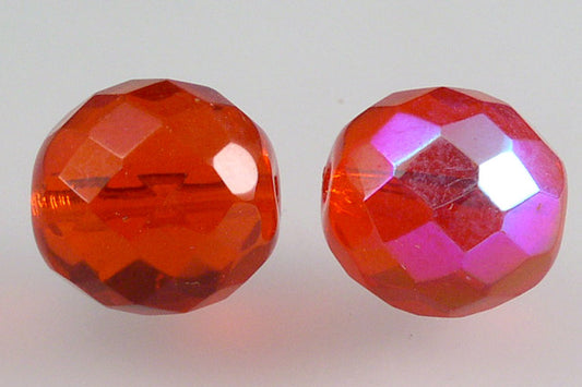 Faceted Round Fire Polished Beads, Transparent Red Ab (90060-28701), Glass, Czech Republic