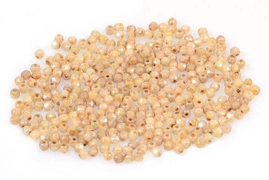Faceted Round Fire Polished Beads, Chalk White Stain With Luster Amber (03000-65401), Glass, Czech Republic
