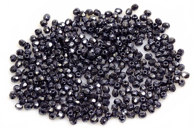 ファセットラウンドファイアポリッシュビーズ、ブラックヘマタイト（23980-14400）、ガラス、チェコ共和国