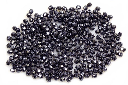 ファセットラウンドファイアポリッシュビーズ、ブラックヘマタイト（23980-14400）、ガラス、チェコ共和国