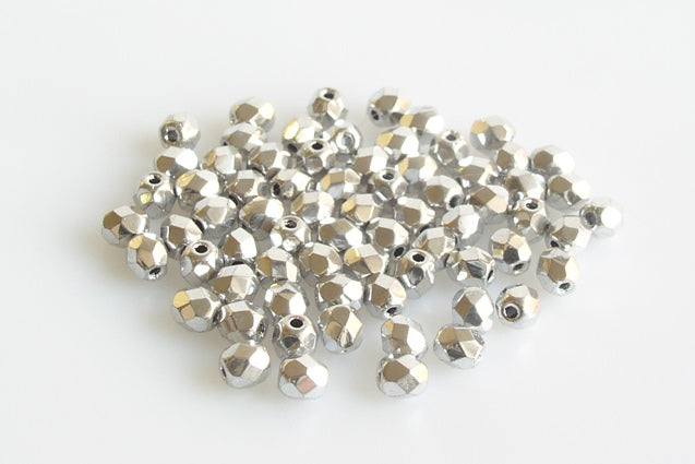 Fire Polished Faceted Beads Round 4 mm, Crystal Silver (30-27000), Bohemia Crystal Glass, Czechia 15119001