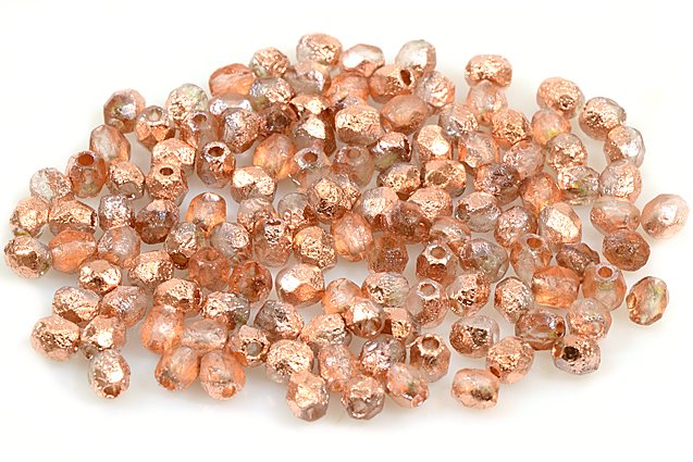 Faceted Round Fire Polished Beads, Crystal Etched Rose Gold Capri (00030-LEPT-27101), Glass, Czech Republic