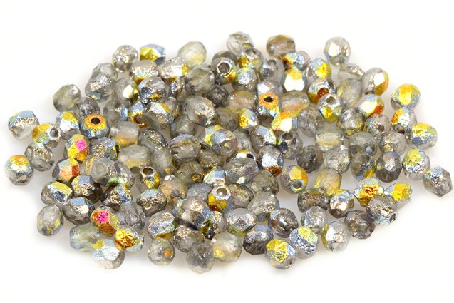 ファセット加工のラウンド型ファイヤーポリッシュビーズ、クリスタルエッチングの火山（00030-LEPT-28001）、ガラス、チェコ共和国