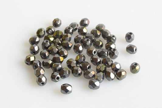 Fire Polished Faceted Beads Round 4 mm, Black Combined Luster (23980-91501), Bohemia Crystal Glass, Czechia 15119001