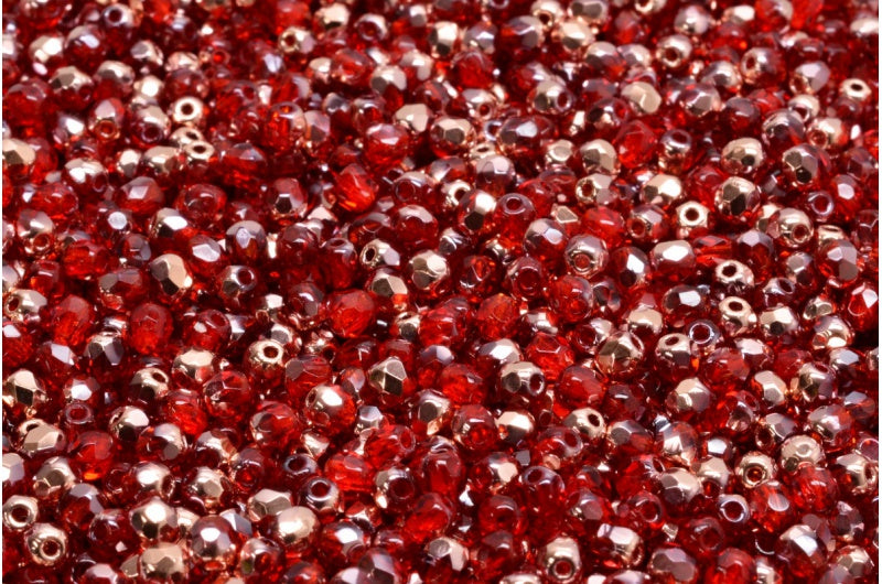 ファセットラウンドファイアポリッシュビーズ、ルビーレッドローズゴールドカプリ（90080-27101）、ガラス、チェコ共和国