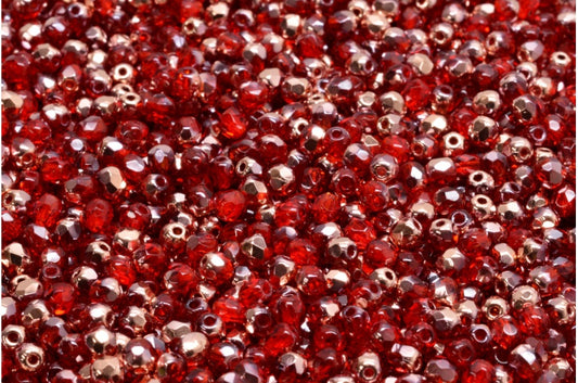 ファセットラウンドファイアポリッシュビーズ、ルビーレッドローズゴールドカプリ（90080-27101）、ガラス、チェコ共和国