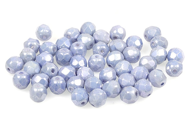 Fire Polished Faceted Beads Round 6 mm, Chalk White Luster Blue Full Coated (3000-14464), Bohemia Crystal Glass, Czechia 15119001