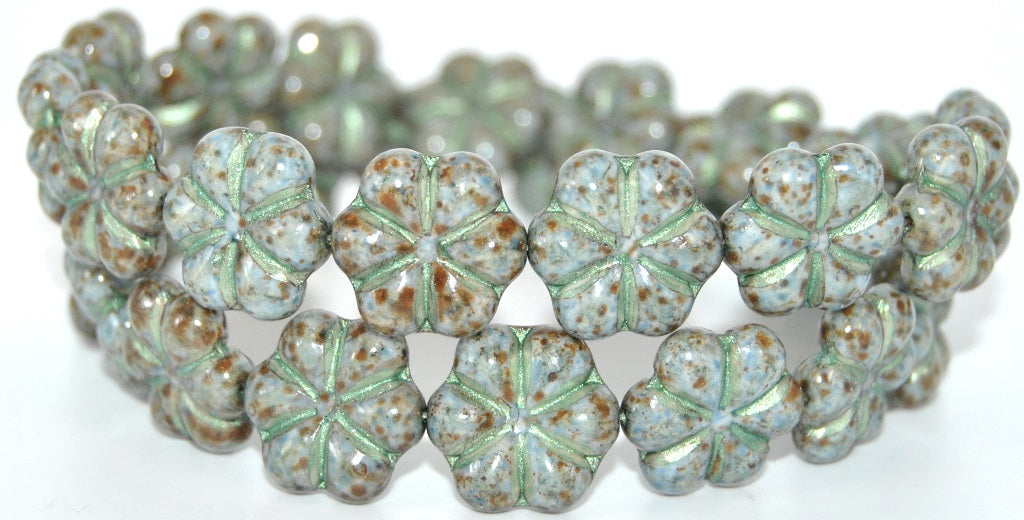 6-Petal Flower Pressed Beads, White Stain Strong 43814 Light Blue (02010-86805-43814-34307), Glass, Czech Republic ~ STRANDED