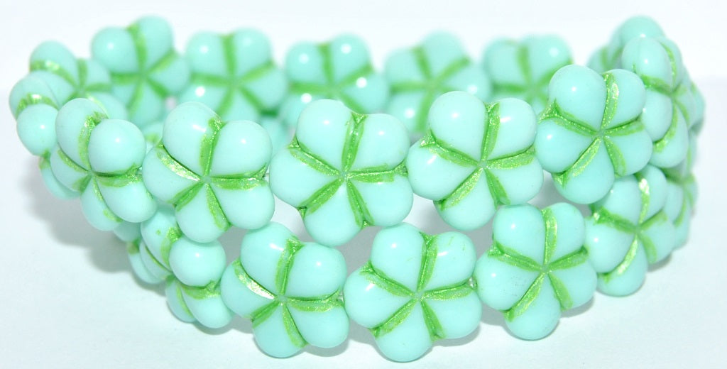 OUTLET 10 grams 5-Petal Flower Pressed Glass Beads, 17 x 17 mm, Turquise Green Metalic (63100-43813-METALIC), Glass, Czech Republic