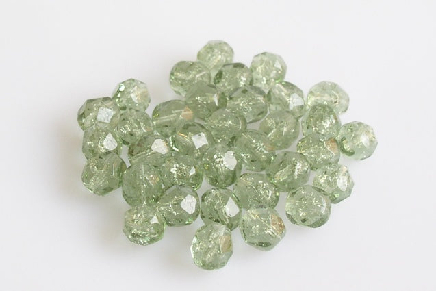Fire Polished Faceted Beads Round 6 mm, Transparent Green Cracked (50560-85500), Bohemia Crystal Glass, Czechia 15119001