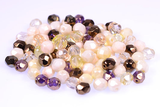 Fire Polished Faceted Beads Round 6 mm, Mixed Colors Cream (), Bohemia Crystal Glass, Czechia 15119001