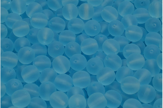 Round Druck Beads, Transparent Aqua Matte (60020-84100), Glass, Czech Republic
