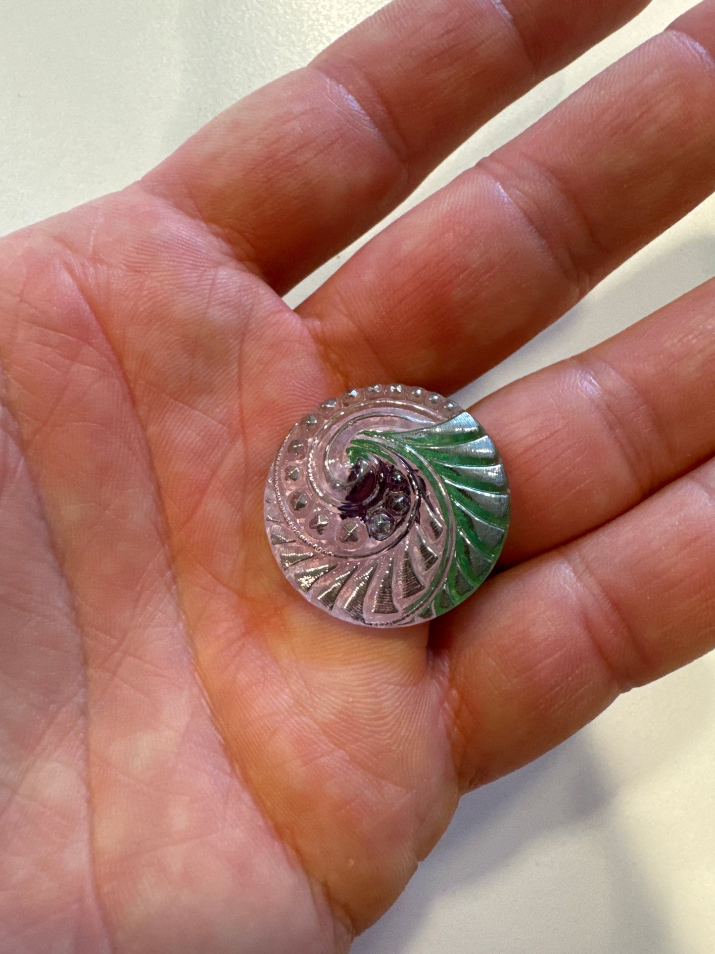 1 pcs Hand Painted Glass Buttons with ornament, size 12 (27 mm), Czech Republic