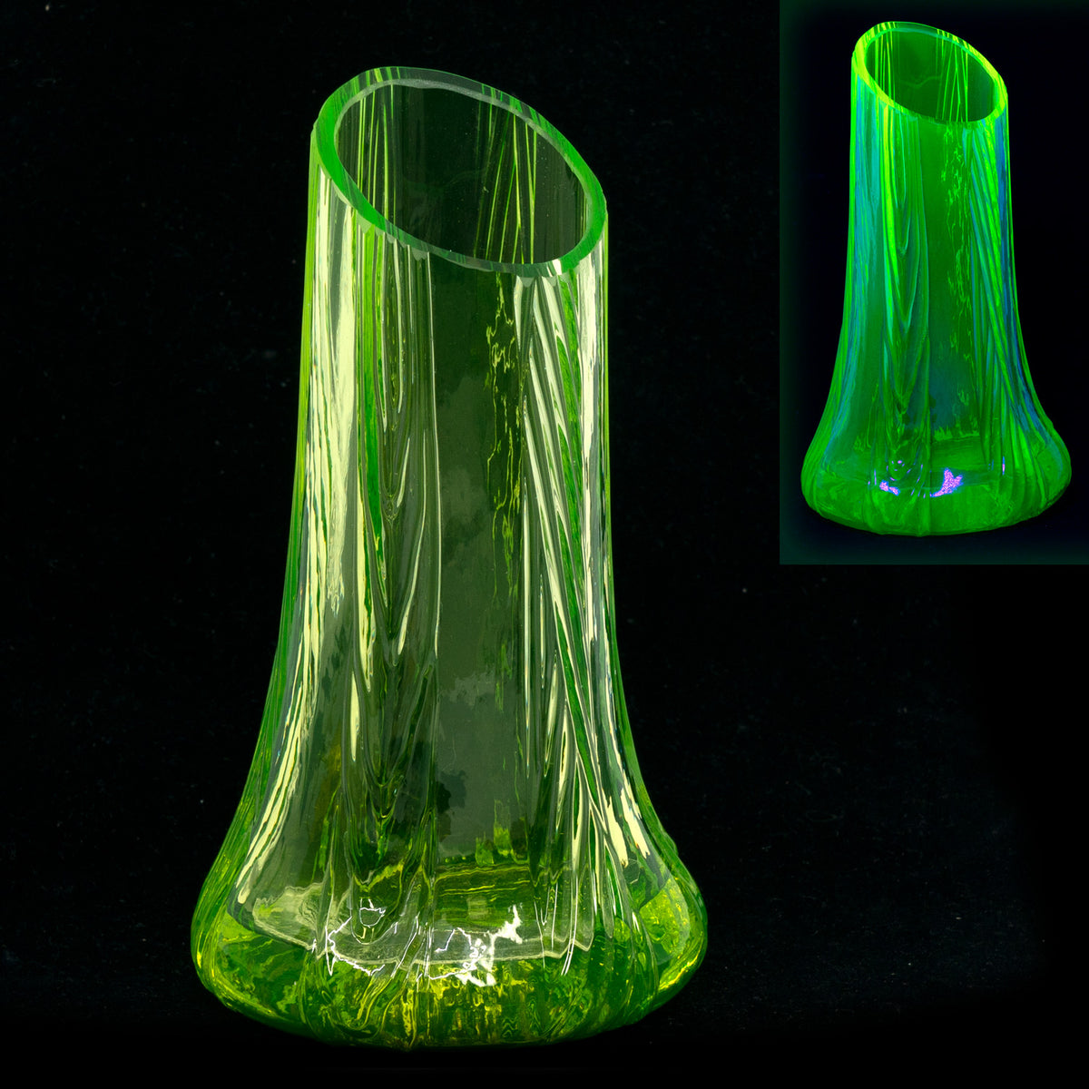 YELLOW Uranium Glass Vase - Small Tree Branch - Unique Piece, Handmade, Czech Glass OUTLET