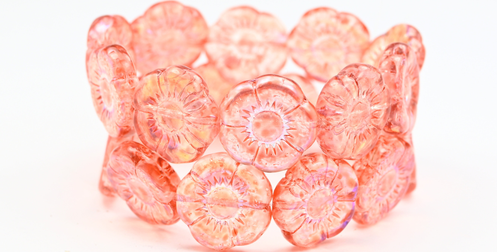 Round Flat Flower Pressed Glass Beads, Crystal Light Pink Ab2 (00030-34304-AB2), Glass, Czech Republic ~ STRANDED