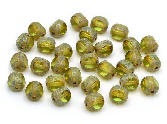 Fire Polished Faceted Beads Round Special Cut, Transparent Green Travertin (50200-86800), Glass, Czech Republic