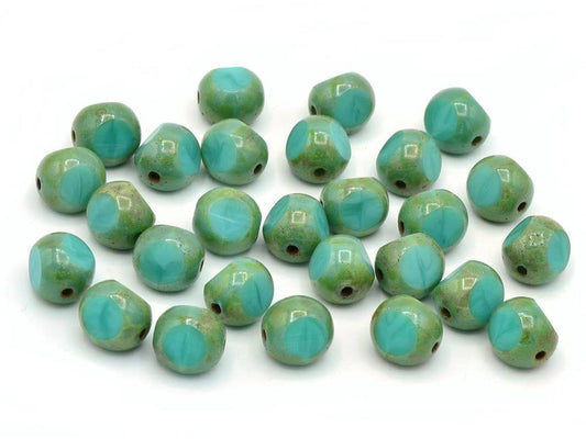 OUTLET 10 grams Round 3-Cut Faceted Fire Polished Beads, 8 x 8 mm, Turquoise Travertin (63130-86800), Glass, Czech Republic