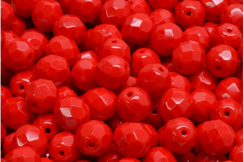 Faceted Round Fire Polished Beads, Opaque Red (93200), Glass, Czech Republic