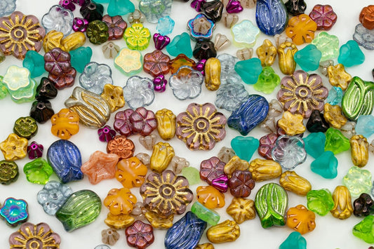 Mix of Small Czech Glass Flower Beads, Hand Made Set Kit, Bell Flower, Tulip, Bud Beads