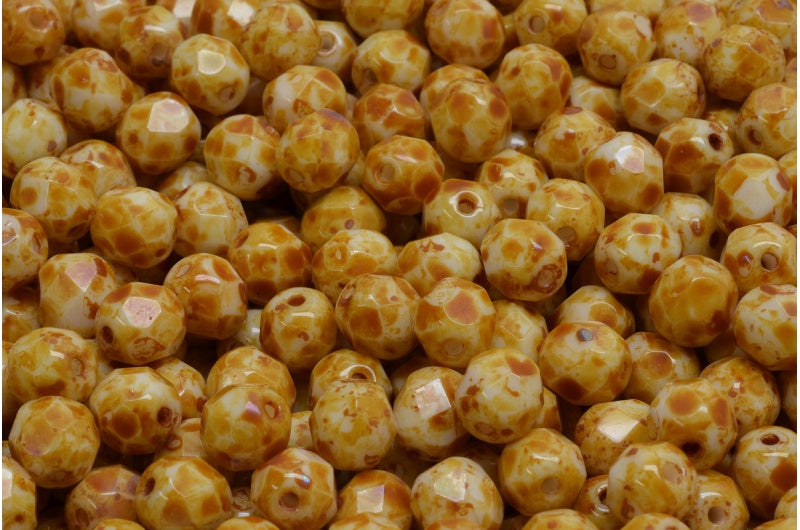 Faceted Round Fire Polished Beads, Chalk White Travertin (03000-86800), Glass, Czech Republic