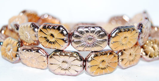 Rounded Rectangle With Flower Pressed Glass Beads, Crystal Rose Gold Capri 2X (1913-00030-27101-2X), Glass, Czech Republic ~ STRANDED