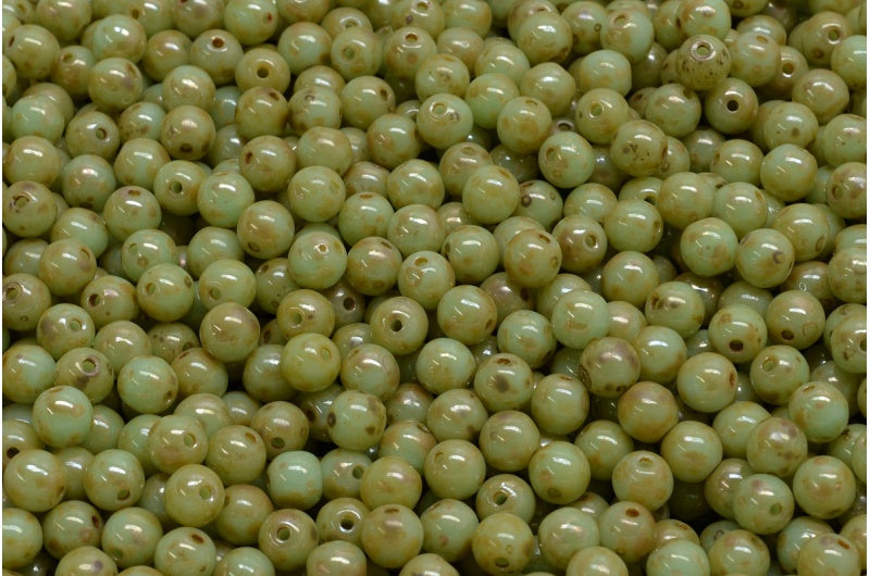 Round Druck Beads, Opaque Green Picasso (53100-43400), Glass, Czech Republic