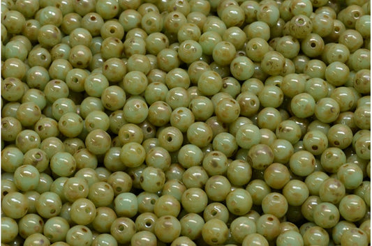 Round Druck Beads, Opaque Green Picasso (53100-43400), Glass, Czech Republic
