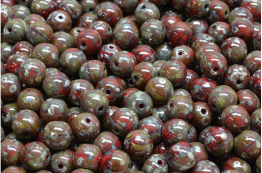 Round Druck Beads, Opaque Red Picasso (93200-43400), Glass, Czech Republic