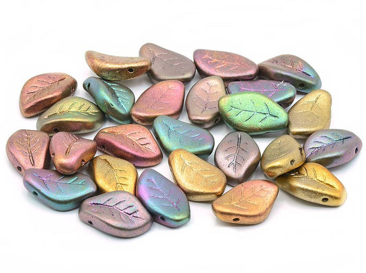 Wavy Leaf Beads, Yellow Gold Metallic Iris (01620), Glass, Czech Republic