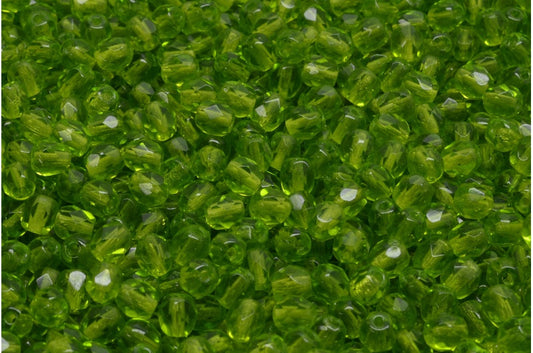 OUTLET 250g Round Faceted Fire Polished Beads, Transparent Green P (50240-P), Glass, Czech Republic