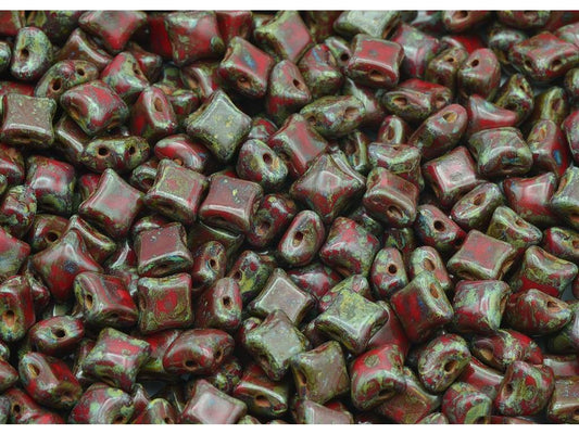 OUTLET 10 grams WibeDuo 2-hole Beads, 8 x 8 mm, Opaque Red Travertin (93200-86800), Glass, Czech Republic