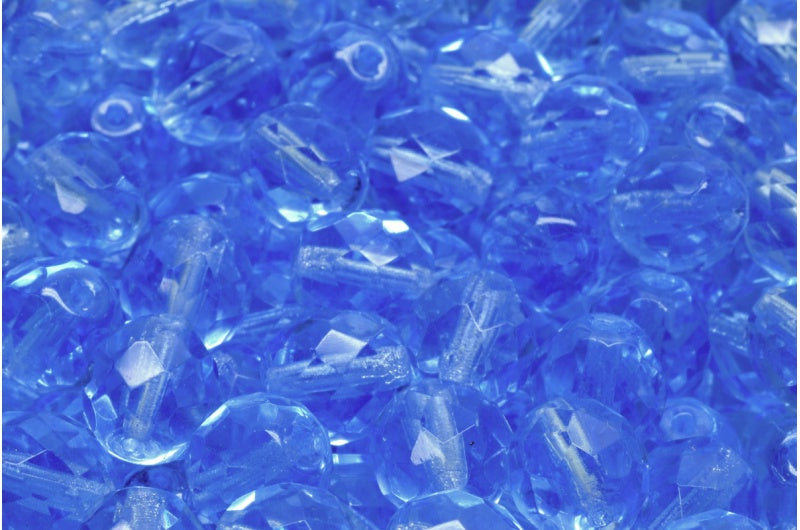 OUTLET 250g Round Faceted Fire Polished Beads, Transparent Blue (30040), Glass, Czech Republic