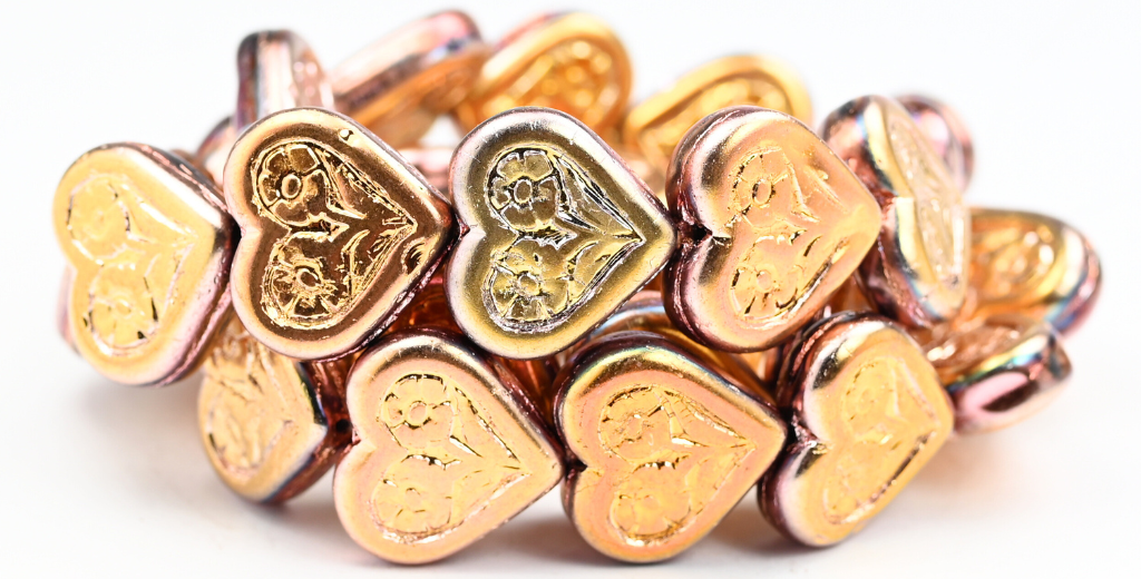 Heart With Flower Pressed Glass Beads, Black Rose Gold Capri 2X (1816-23980-27101-2X), Glass, Czech Republic ~ STRANDED