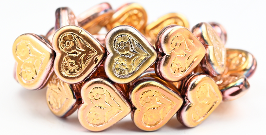 Heart With Flower Pressed Glass Beads, Black Rose Gold Capri 2X (1816-23980-27101-2X), Glass, Czech Republic ~ STRANDED