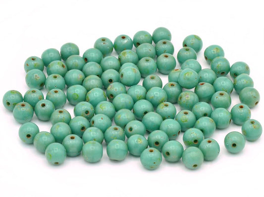 Round Druck Beads, Turquise Travertin (63120-86800), Glass, Czech Republic