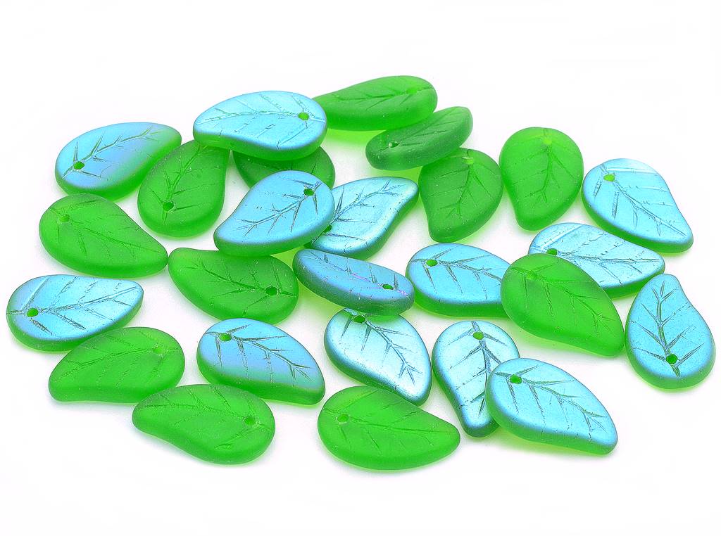 OUTLET 10 grams Leaf Pendant Beads, 14 x 9 mm, Green Transparent Matte Ab (50040-84110-28701), Glass, Czech Republic