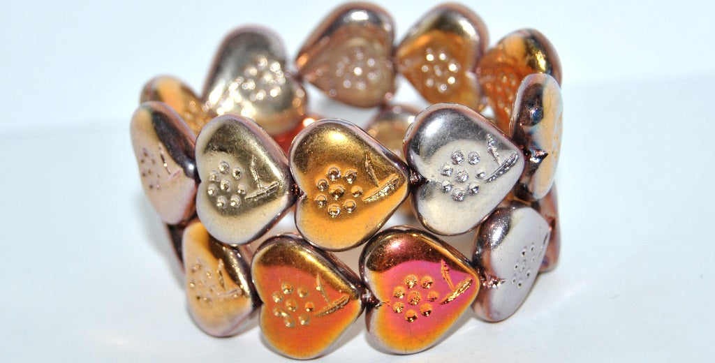 Heart With Simple Flower Pressed Glass Beads, Transparent Amethyst Rose Gold Capri 2X (1817-20080-27101-2X), Glass, Czech Republic ~ STRANDED