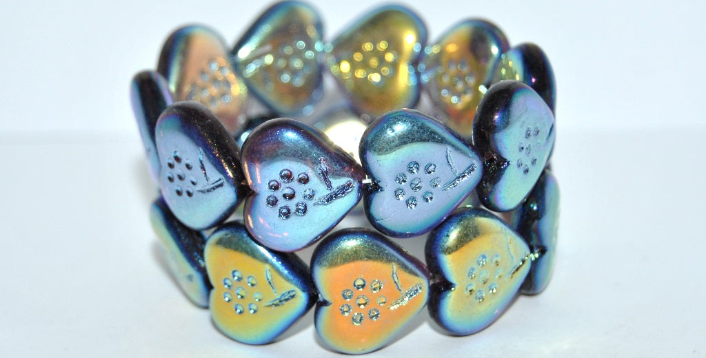 Heart With Simple Flower Pressed Glass Beads, Transparent Amethyst Ab 2X (1817-20080-AB-2X), Glass, Czech Republic ~ STRANDED