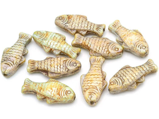 OUTLET 10 grams Big Fish Beads, 24 x 11 mm, Chalk White Stain With Luster Green (03000-65455), Glass, Czech Republic