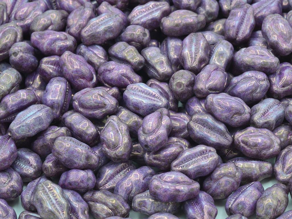 奥特莱斯 10克贝壳珠，13 x 8毫米，粉笔白紫色 (03000-15726)，玻璃，捷克共和国