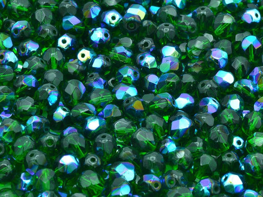 OUTLET 250g Round Faceted Fire Polished Beads, Transparent Green Ab (50140-28701), Glass, Czech Republic