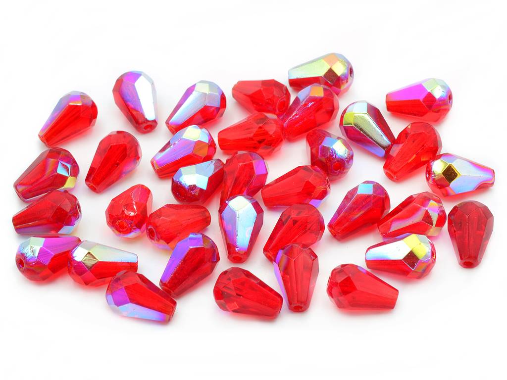 Pear Teardrop Beads Faceted Fire Polished, Ruby Red Ab (90080-28701), Glass, Czech Republic