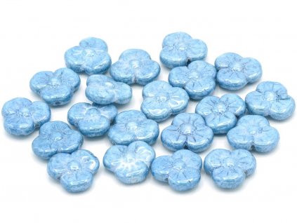 OUTLET 10 grams 3-Petal Flower Flat Beads, 13 x 13 mm, Chalk White Luster Blue Full Coated (03000-14464), Glass, Czech Republic