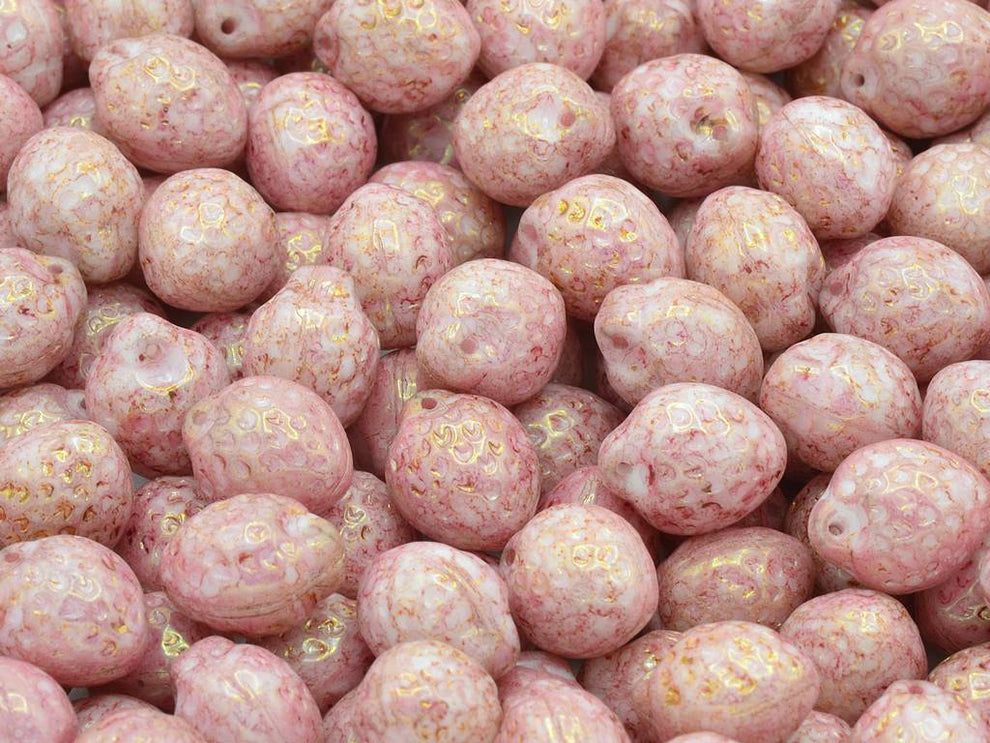 OUTLET 10 grams Strawberry Friut Pressed Glass Beads, 7 x 11 mm, Chalk White Terracotta Red (03000-15495), Glass, Czech Republic