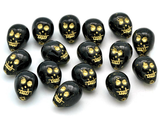OUTLET 10 grams Skull Pressed Beads, 15 x 15 mm, Black Gold Lined (23980-54202), Glass, Czech Republic