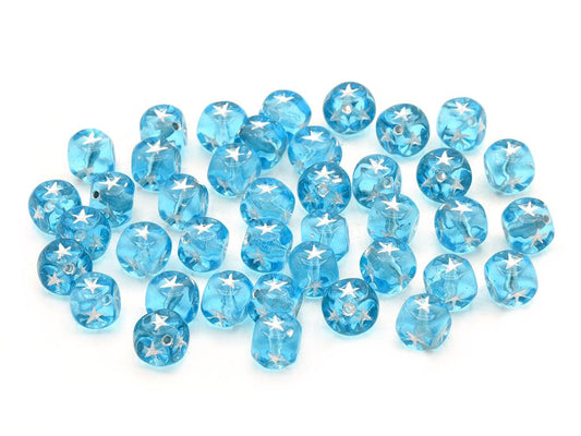 OUTLET 10 grams Cube Beads With Stars, 7 x 7 mm, Transparent Aqua Silver Lined (60010-54201), Glass, Czech Republic