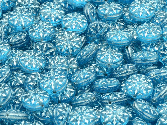 OUTLET 10 grams Round Beads with Snowflake Design, 11 x 11 mm, Transparent Aqua Silver Lined (60010-54201), Glass, Czech Republic