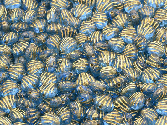 OUTLET 10 grams Small Flat Shell Beads, 8 x 7 mm, Transparent Blue Gold Lined (30020-54202), Glass, Czech Republic